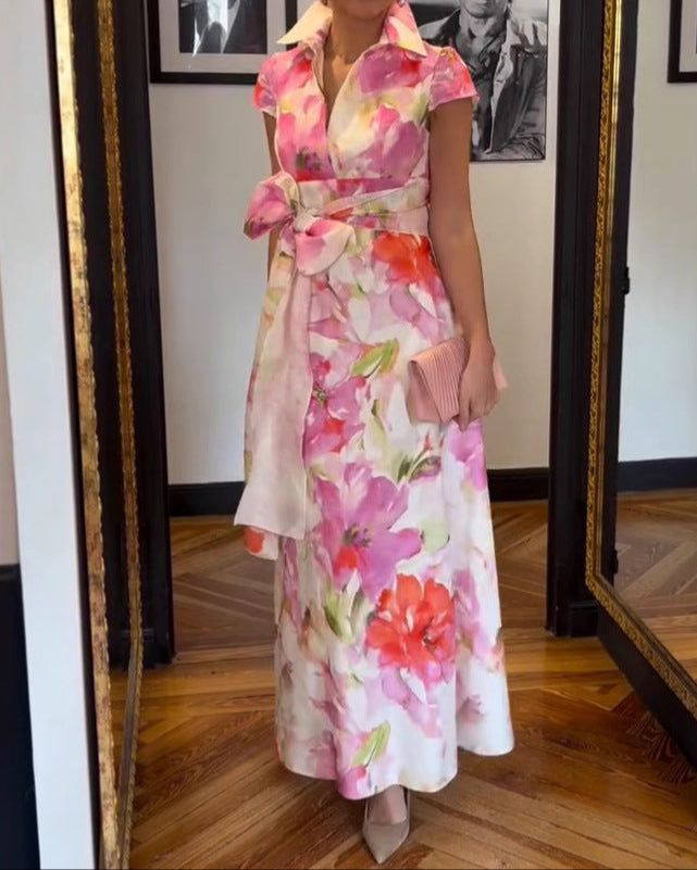 Elegant Floral Print Shirt Collar Maxi Dress