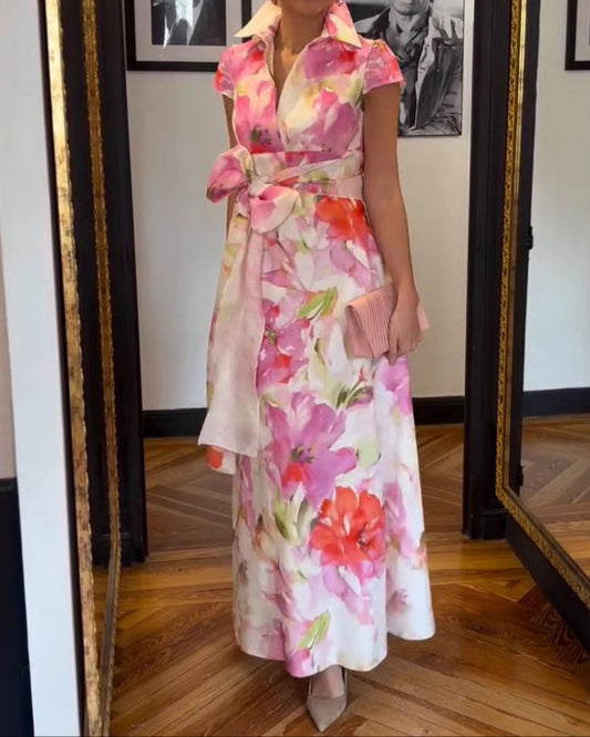 Elegant Floral Print Shirt Collar Maxi Dress