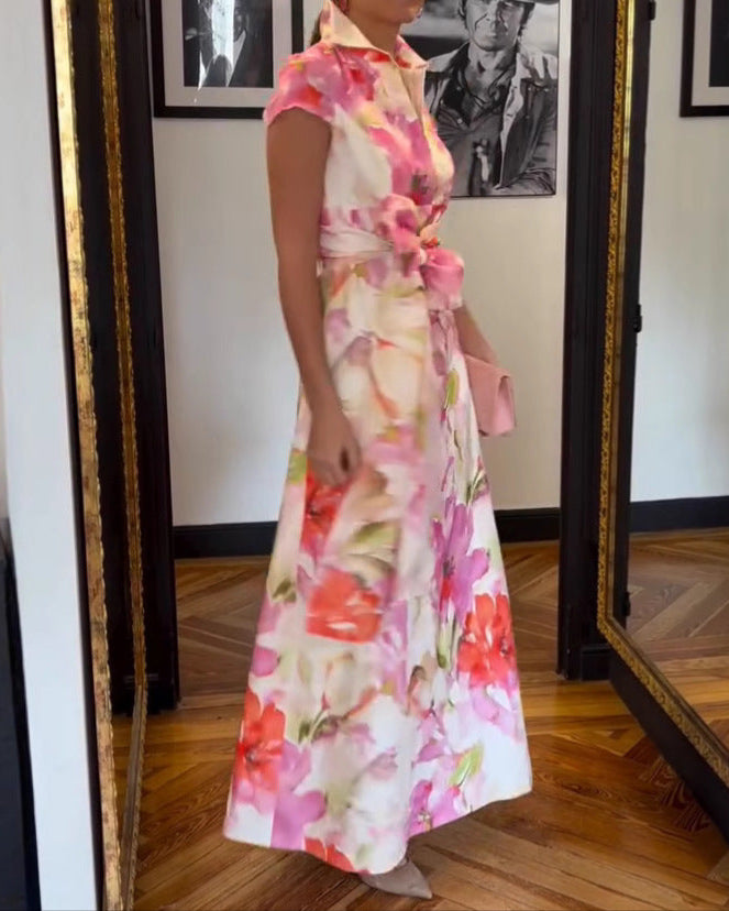 Elegant Floral Print Shirt Collar Maxi Dress