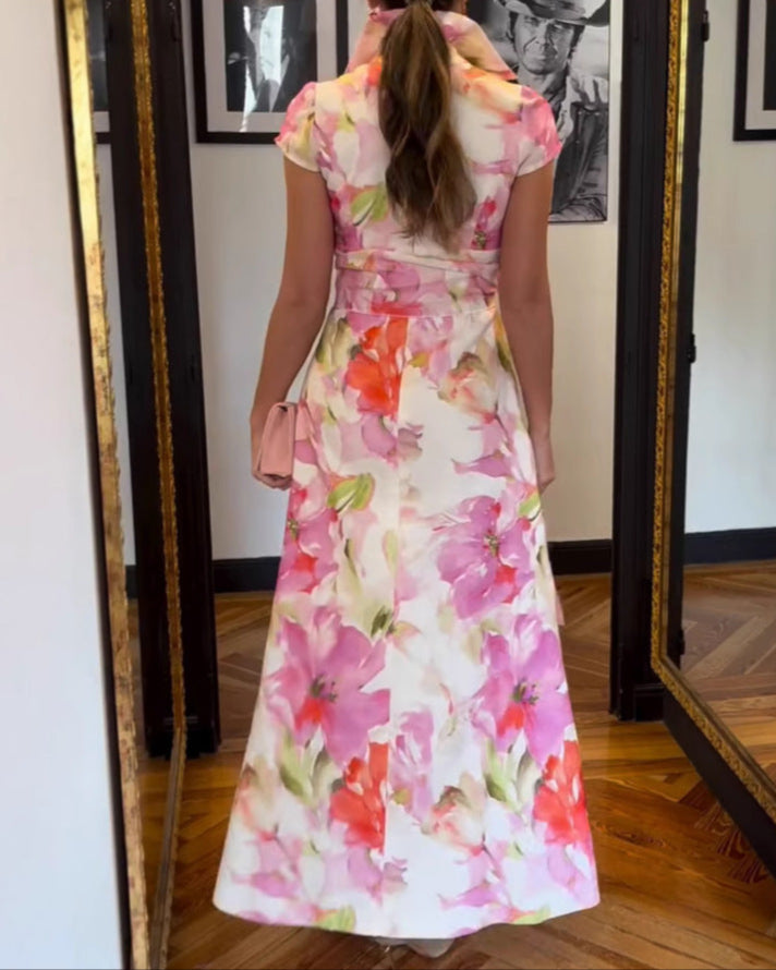 Elegant Floral Print Shirt Collar Maxi Dress