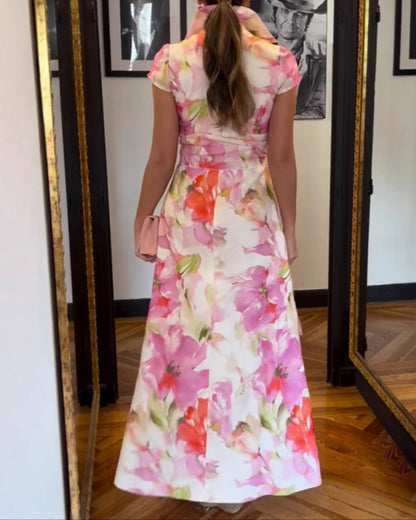 Elegant Floral Print Shirt Collar Maxi Dress