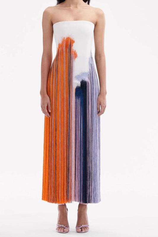 Strapless Tassel Print Split Long Dress