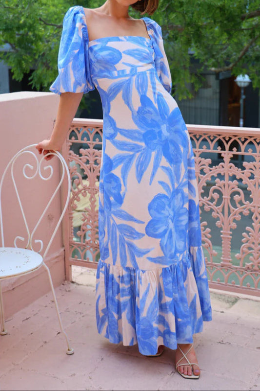 Printed Puff Sleeve Dress With Neck