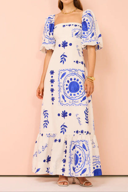 Printed Puff Sleeve Dress With Neck