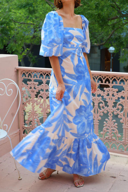 Printed Puff Sleeve Dress With Neck