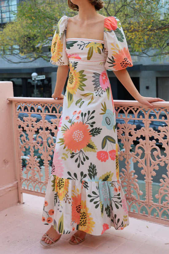 Printed Puff Sleeve Dress With Neck