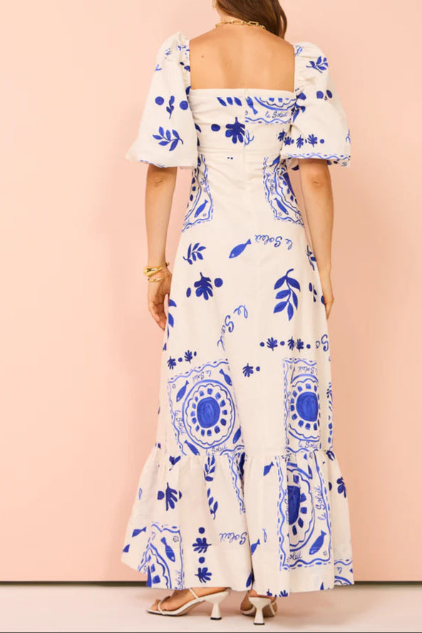 Printed Puff Sleeve Dress With Neck