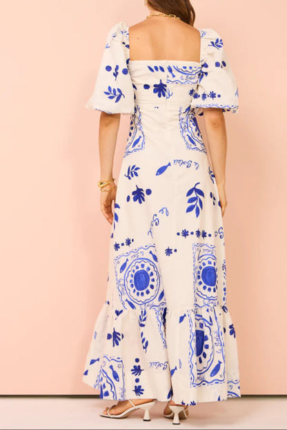 Printed Puff Sleeve Dress With Neck