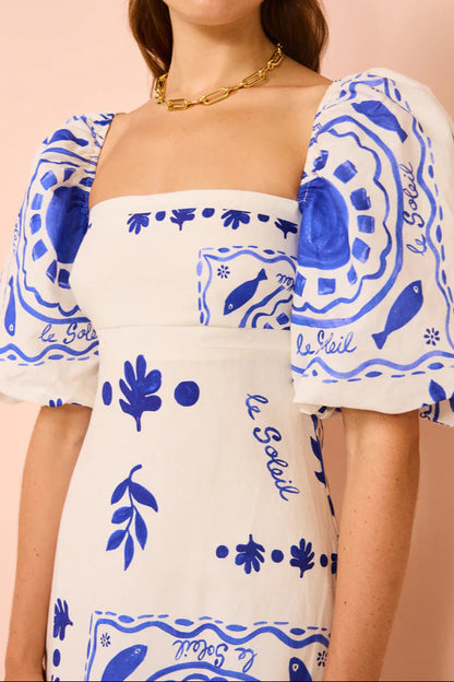 Printed Puff Sleeve Dress With Neck