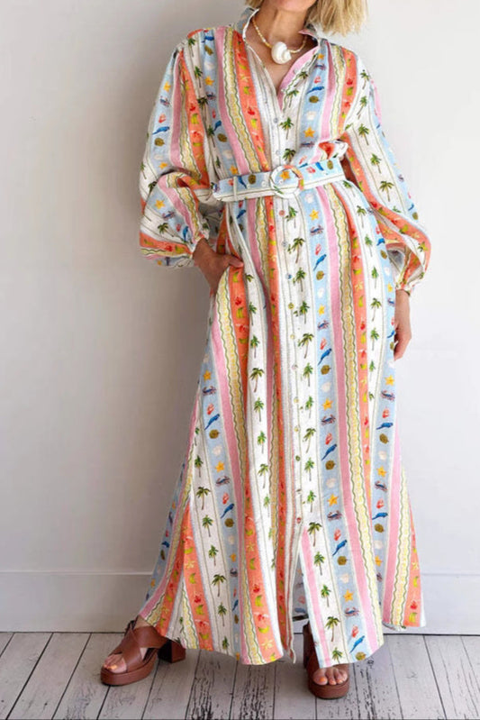 Women Collar Print Sashes Cotton Dress Long Sleeve