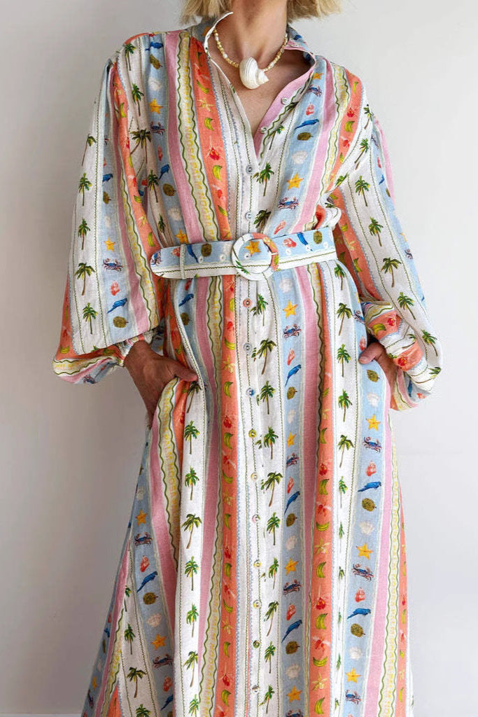 Women Collar Print Sashes Cotton Dress Long Sleeve