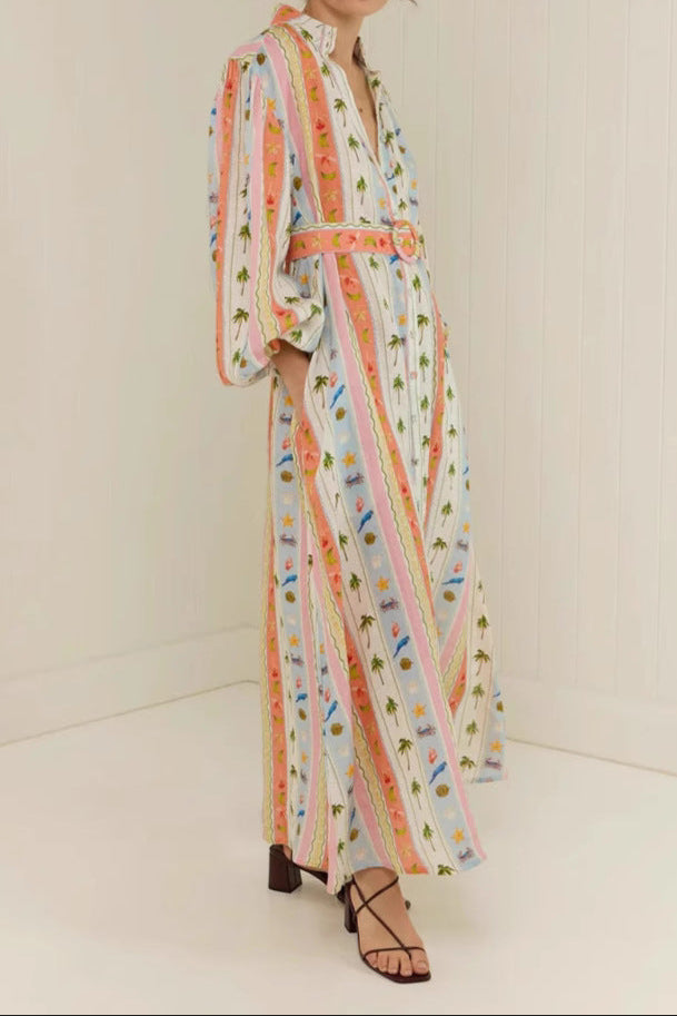 Women Collar Print Sashes Cotton Dress Long Sleeve