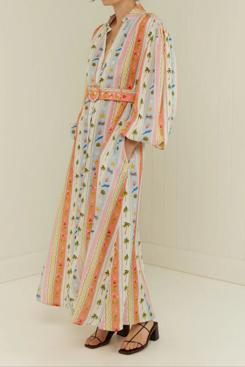 Women Collar Print Sashes Cotton Dress Long Sleeve