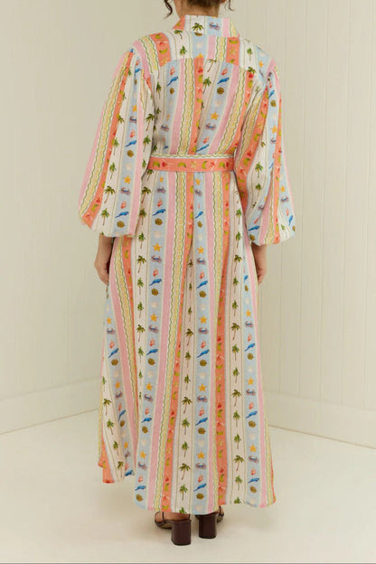 Women Collar Print Sashes Cotton Dress Long Sleeve