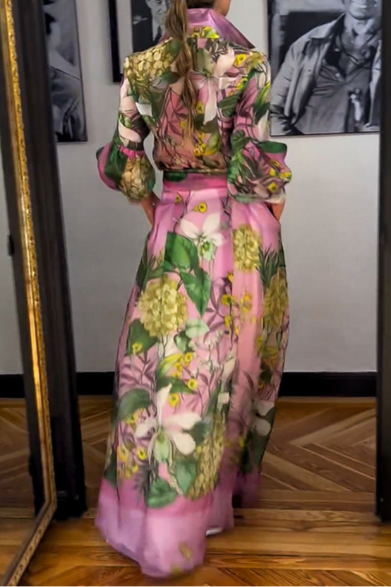 Printed Long-Sleeve Skirt Two-Piece Set