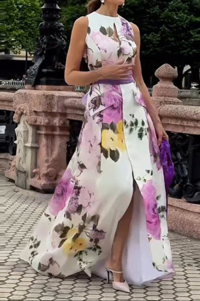 Sleeveless Waist Print Split Fashion Dress