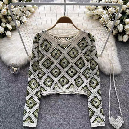 French Crewneck Crochet Cutout Sunscreen Blouse