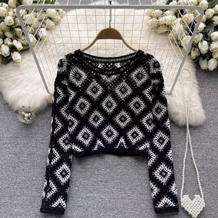 French Crewneck Crochet Cutout Sunscreen Blouse
