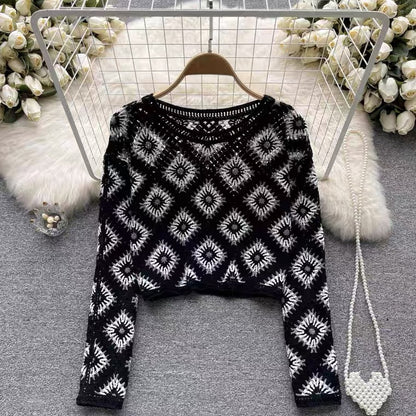 French Crewneck Crochet Cutout Sunscreen Blouse