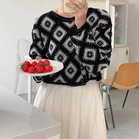 French Crewneck Crochet Cutout Sunscreen Blouse