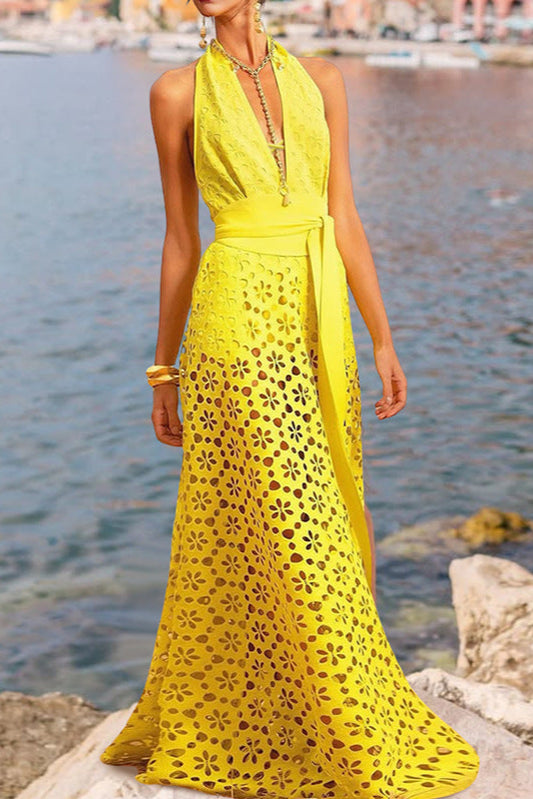 Women's Yellow Cutout Swimsuit & Skirt Suit