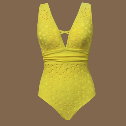Women's Yellow Cutout Swimsuit & Skirt Suit