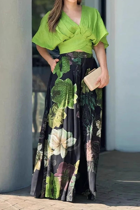 Women's Suit Fashion Casual V-neck Loose Print Two-piece Set