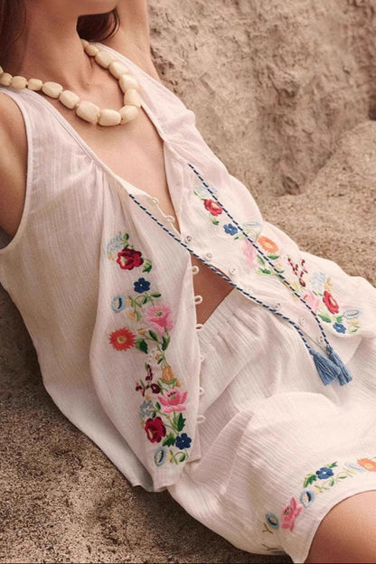 Embroidered Cardigan Sleeveless Casual Top