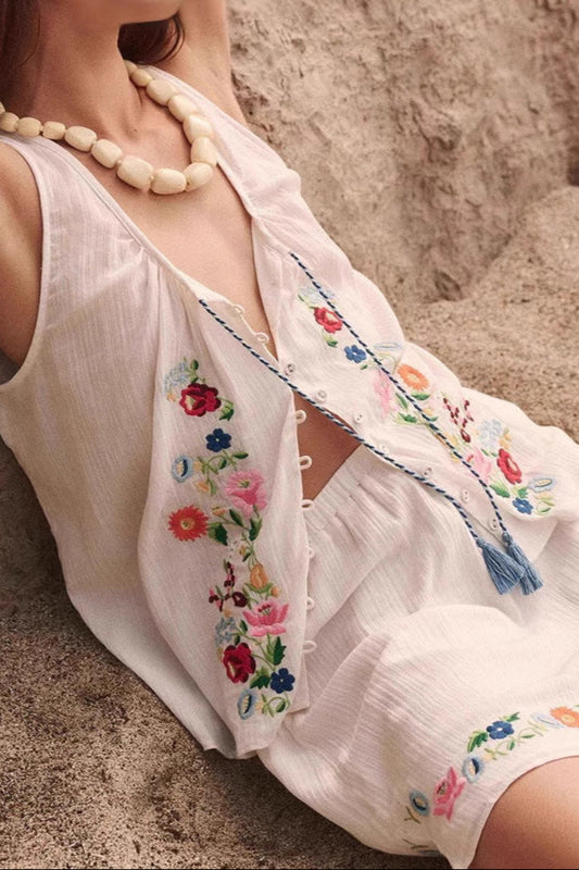 Embroidered Cardigan Sleeveless Casual Top