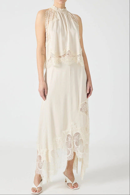 Sleeveless Crewneck Vest Hollow Lace Split Skirt Two-piece Set