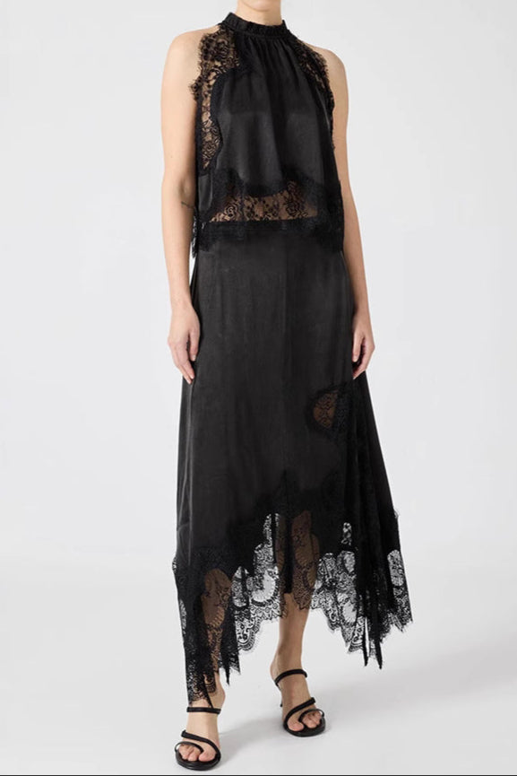 Sleeveless Crewneck Vest Hollow Lace Split Skirt Two-piece Set