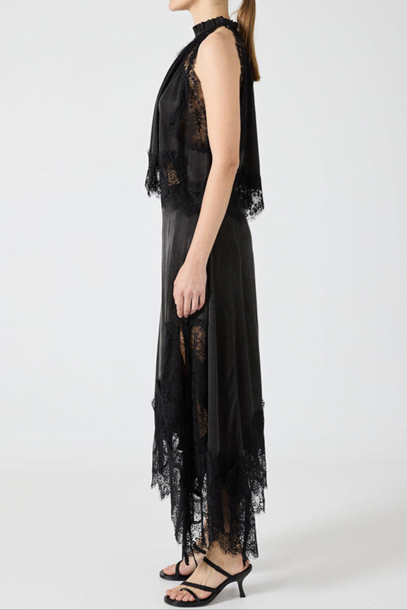 Sleeveless Crewneck Vest Hollow Lace Split Skirt Two-piece Set