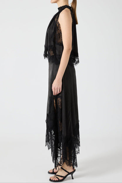 Sleeveless Crewneck Vest Hollow Lace Split Skirt Two-piece Set