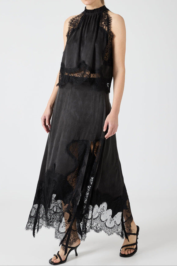 Sleeveless Crewneck Vest Hollow Lace Split Skirt Two-piece Set
