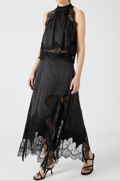 Sleeveless Crewneck Vest Hollow Lace Split Skirt Two-piece Set