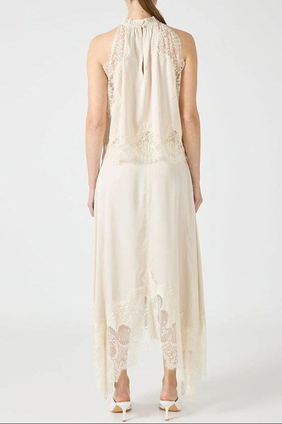 Sleeveless Crewneck Vest Hollow Lace Split Skirt Two-piece Set
