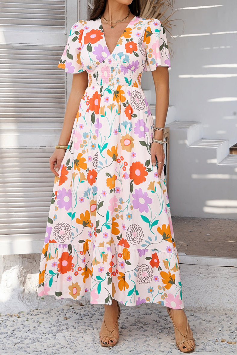 Printed Contrast V-neck High-waisted Short-sleeved Dress