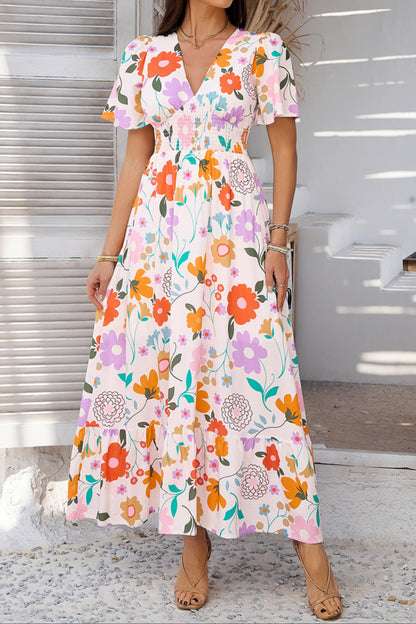 Printed Contrast V-neck High-waisted Short-sleeved Dress