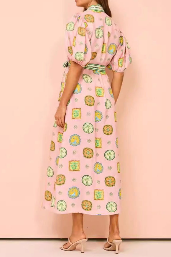 Graffiti Lantern Sleeve Cardigan Casual Fashion Linen Dress