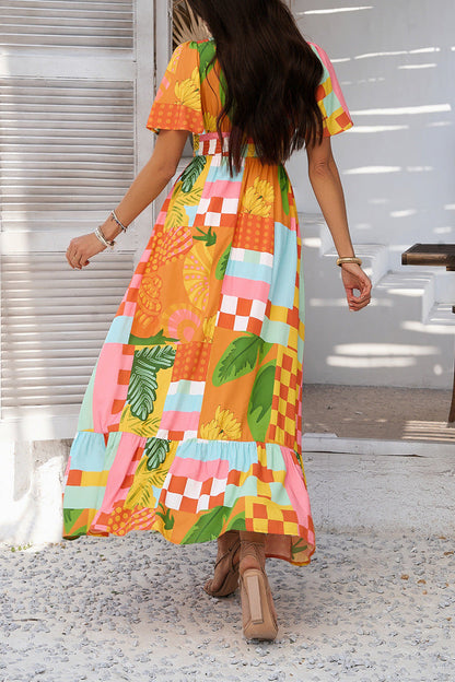 Printed Contrast V-neck High-waisted Short-sleeved Dress