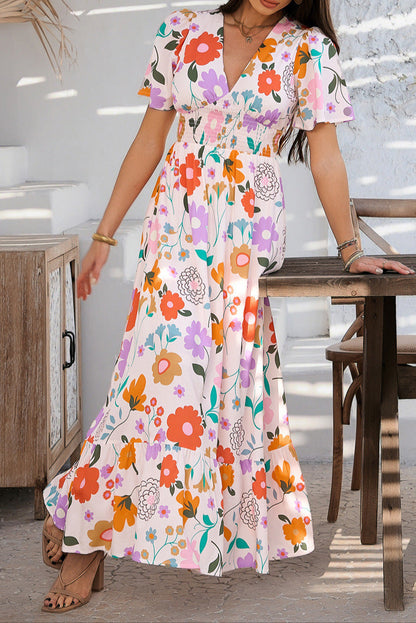 Printed Contrast V-neck High-waisted Short-sleeved Dress