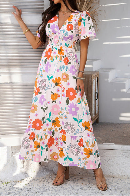 Printed Contrast V-neck High-waisted Short-sleeved Dress