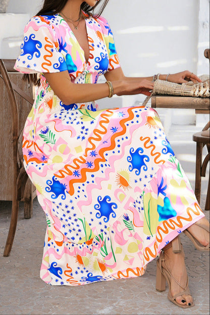 Printed Contrast V-neck High-waisted Short-sleeved Dress