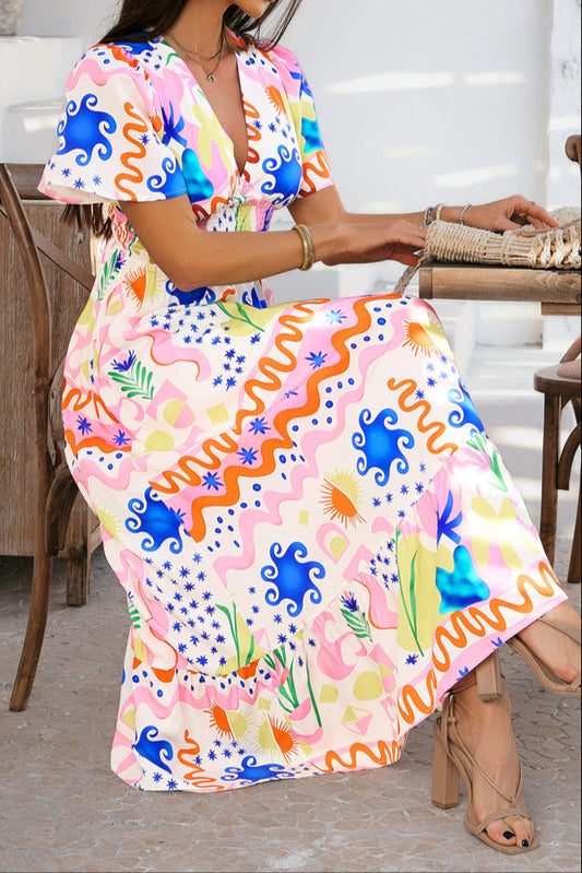 Printed Contrast V-neck High-waisted Short-sleeved Dress