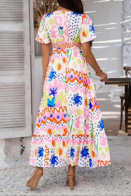 Printed Contrast V-neck High-waisted Short-sleeved Dress