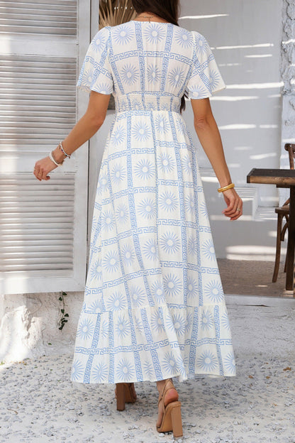 Printed Contrast V-neck High-waisted Short-sleeved Dress