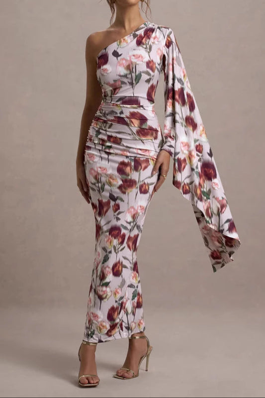 Cream Floral-Print Asymmetric Shawl Embroidered Maxi Dress