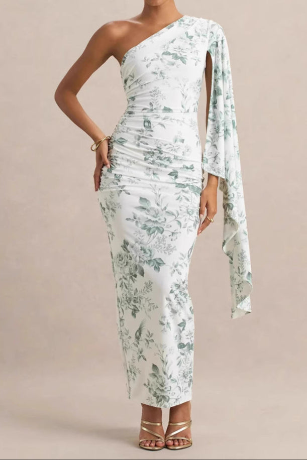 Cream Floral-Print Asymmetric Shawl Embroidered Maxi Dress