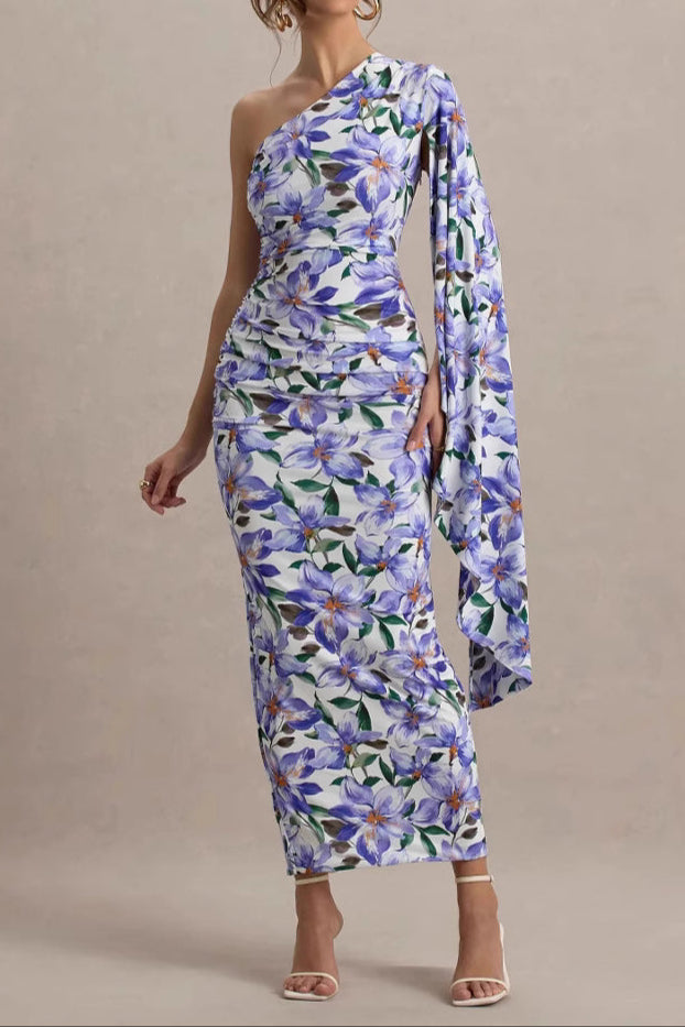 Cream Floral-Print Asymmetric Shawl Embroidered Maxi Dress