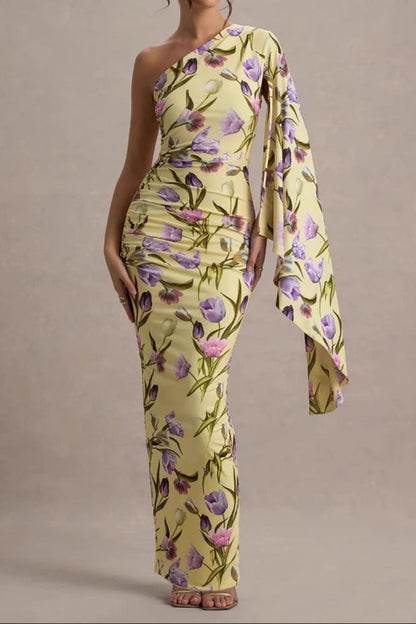 Cream Floral-Print Asymmetric Shawl Embroidered Maxi Dress